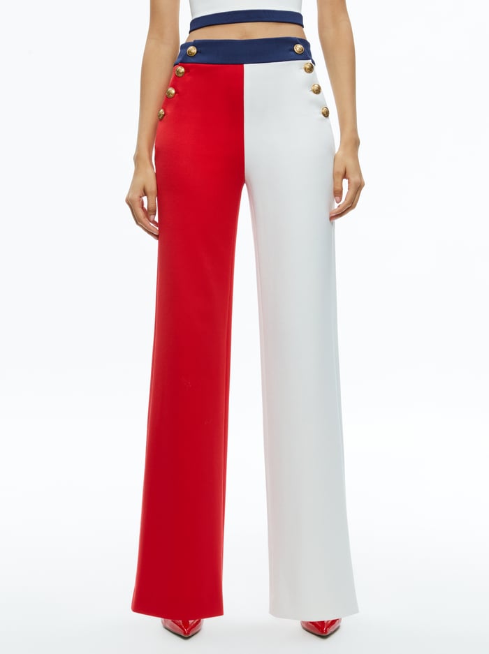 NARIN HIGH RISE BUTTON FRONT PANT - BRIGHT RUBY/OFF WHITE/INDIGO - Alice And Olivia