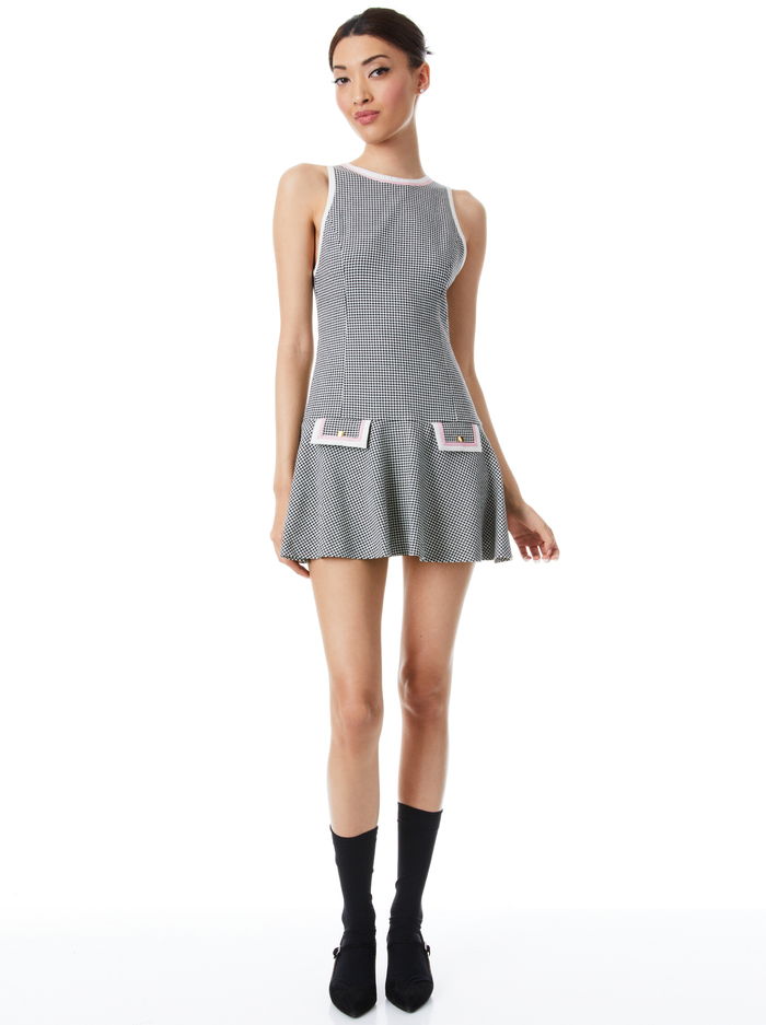 SIMA DROP WAIST FIT AND FLARE MINI DRESS - HOUNDSTOOTH XS BLACK/ECRU - Alice And Olivia
