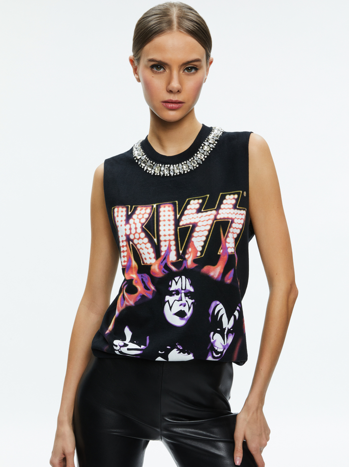 MILLER EMBELLISHED MUSCLE TANK - BLACK/MULTI - Alice And Olivia