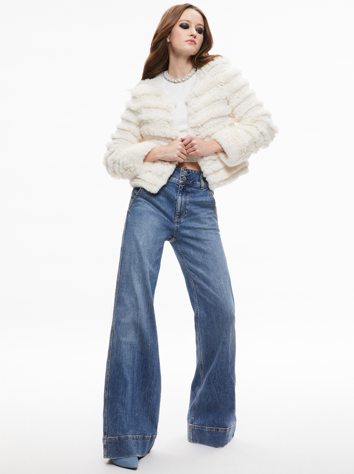 Fawn Faux Fur Textured Jacket In Ecru | Alice And Olivia