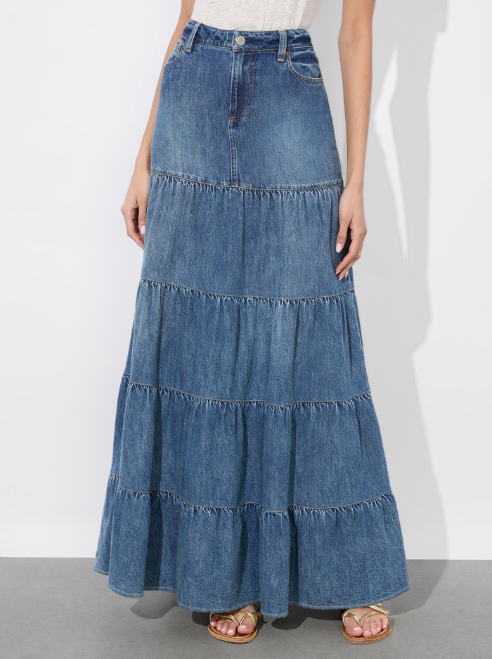 MINDY TIERED MAXI SKIRT - LIANA VINTAGE BLUE - Alice And Olivia