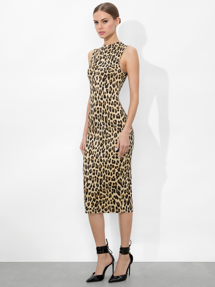 DELORA FITTED MOCK NECK DRESS - TEXTURED LEOPARD - Alice And Olivia