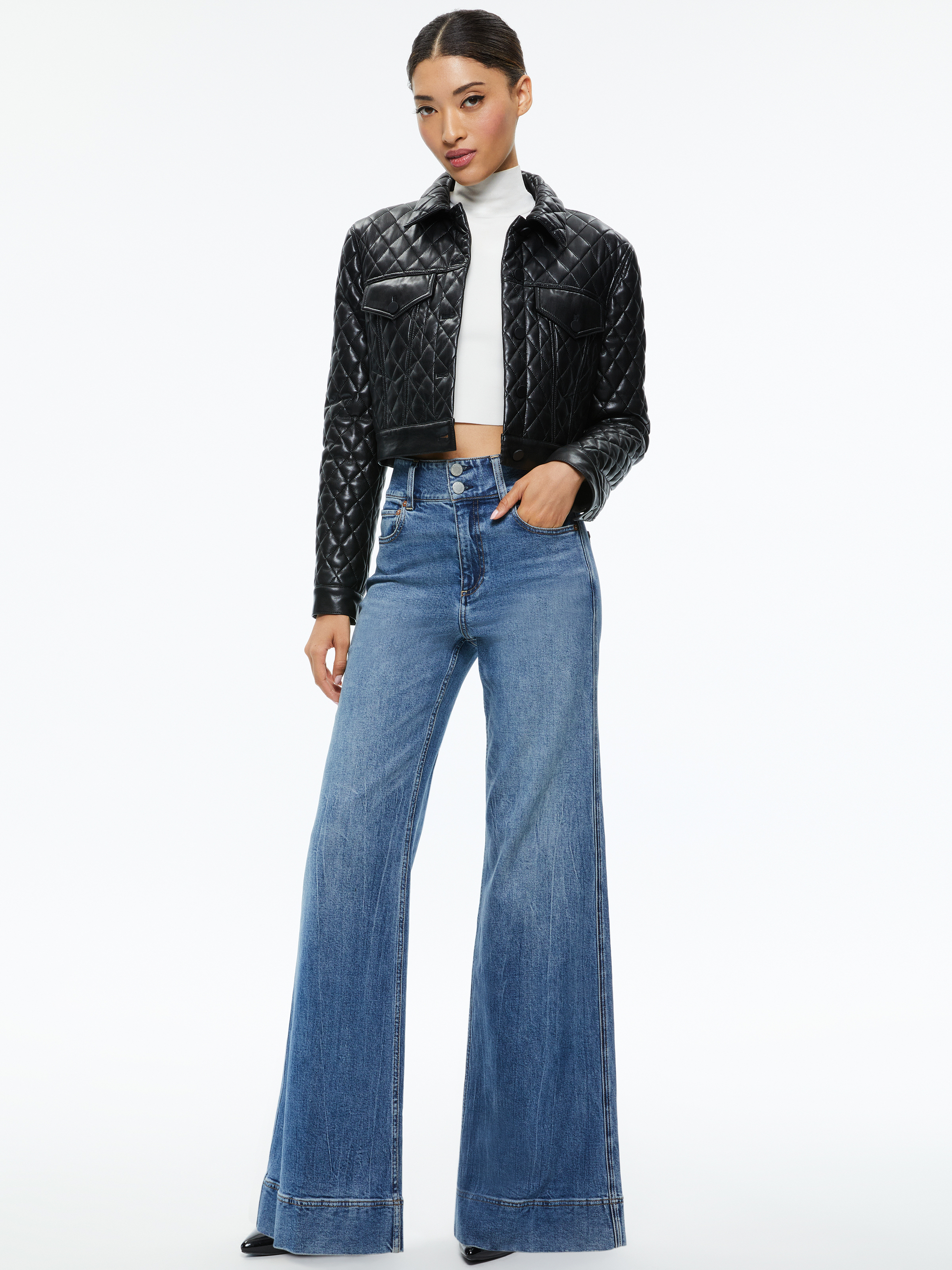 ALICE + OLIVIA CHLOE VEGAN LEATHER CROC CROPPED JACKET