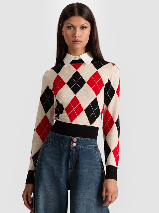OATMEAL HTR/BLACK/PERFECT RUBY-CAROLANN ARGYLE PULLOVER