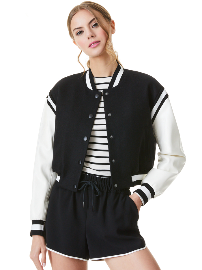 KERI VEGAN LEATHER VARSITY JACKET - BLACK/OFF WHITE - Alice And Olivia