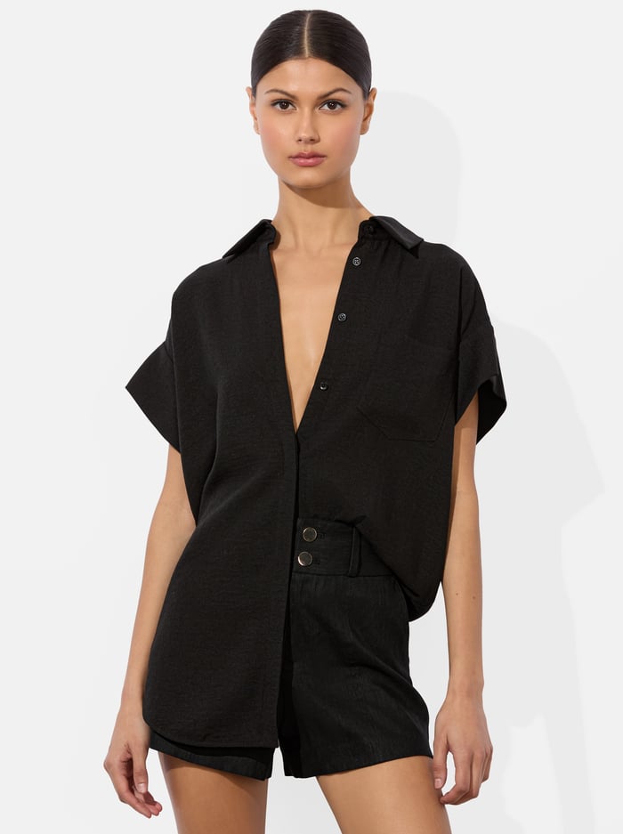 FINELY SHORT SLEEVE BUTTON DOWN - BLACK - Alice And Olivia