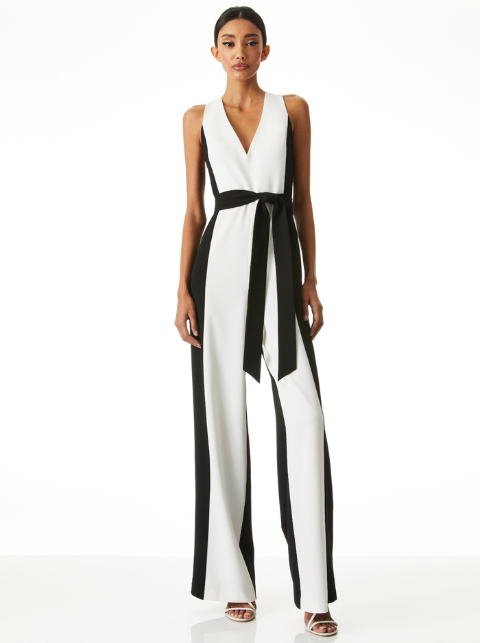 TESSA V-NECK WIDE LEG JUMPSUIT - OFF WHITE/BLACK - Alice And Olivia
