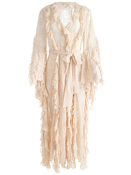 CHAMPAGNE-CHER RUFFLE MAXI ROBE