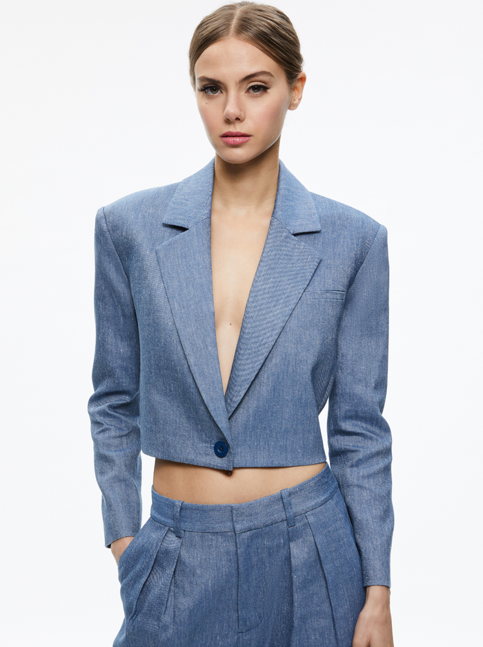 SHAN CROPPED CHAMBRAY BLAZER - DARK CHAMBRAY - Alice And Olivia