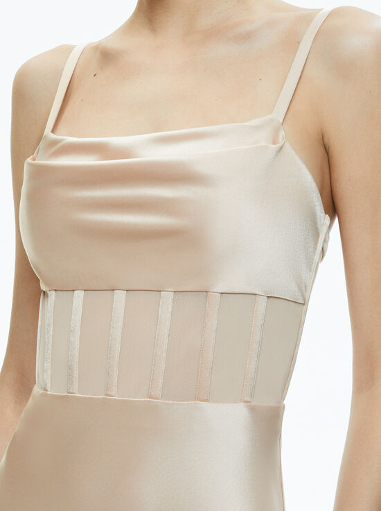 ALMOND-VALENTINA DRAPED CORSET MAXI DRESS