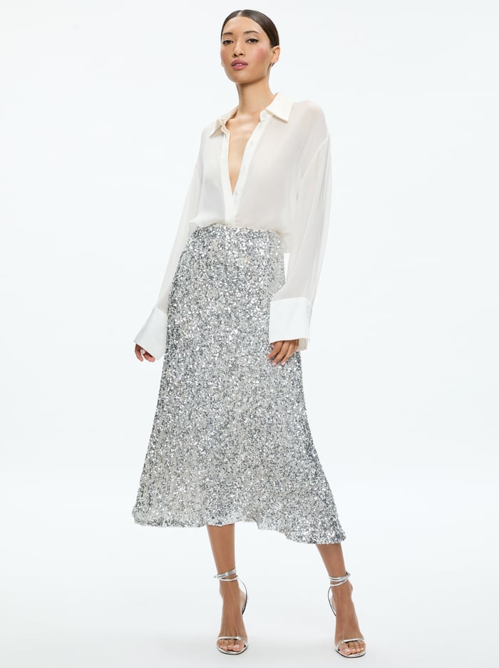 MAEVE SEQUIN KICK FLARE SLIP SKIRT - CHAMPAGNE/SILVER image 1 - Alice And Olivia