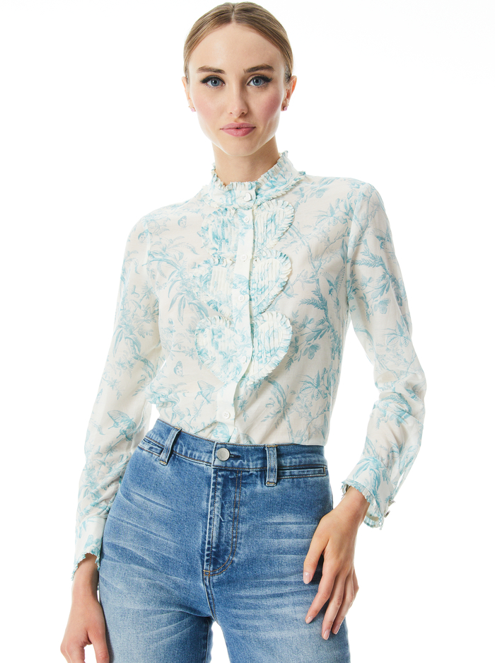 KURT RUFFLE PINTUCK BUTTON FRONT BLOUSE - ANTIQUE BUTTERFLY OFF WHITE - Alice And Olivia