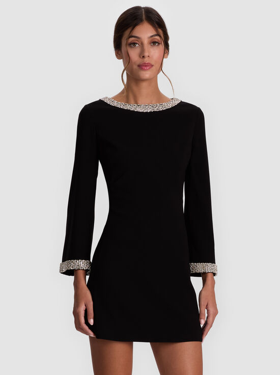 BLACK/CRYSTAL-MAILYNN EMBELLISHED TRIM MINI DRESS
