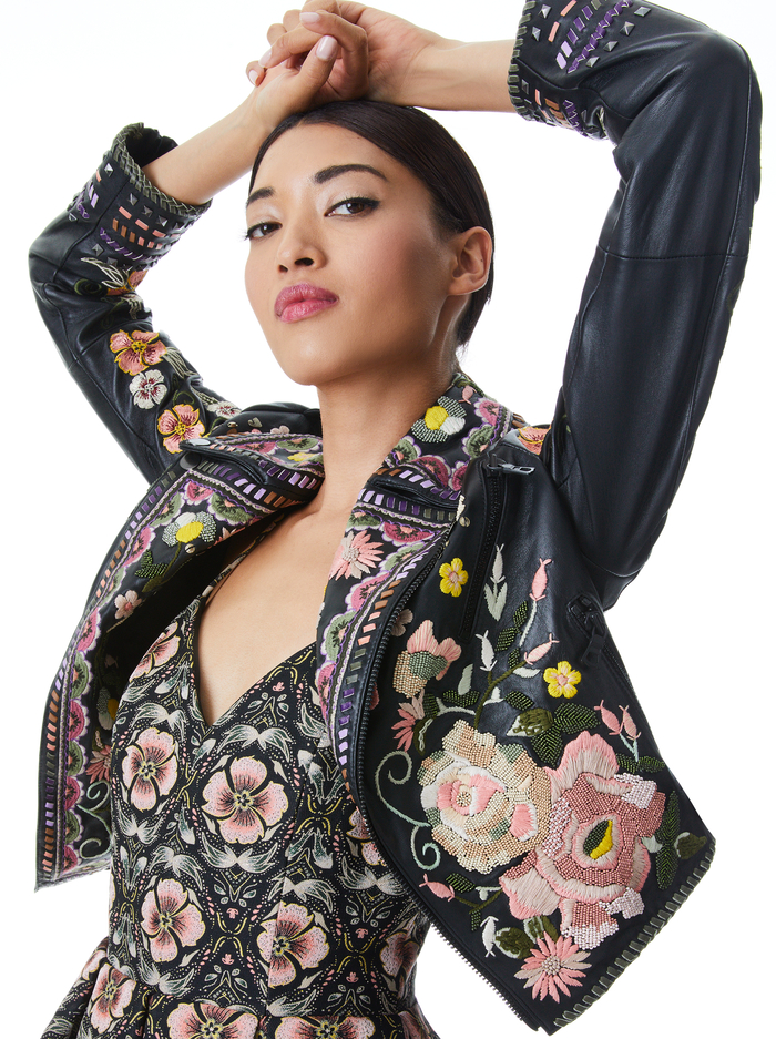 CODY EMBROIDERED LEATHER JACKET - BLACK/MULTI image 3 - Alice And Olivia