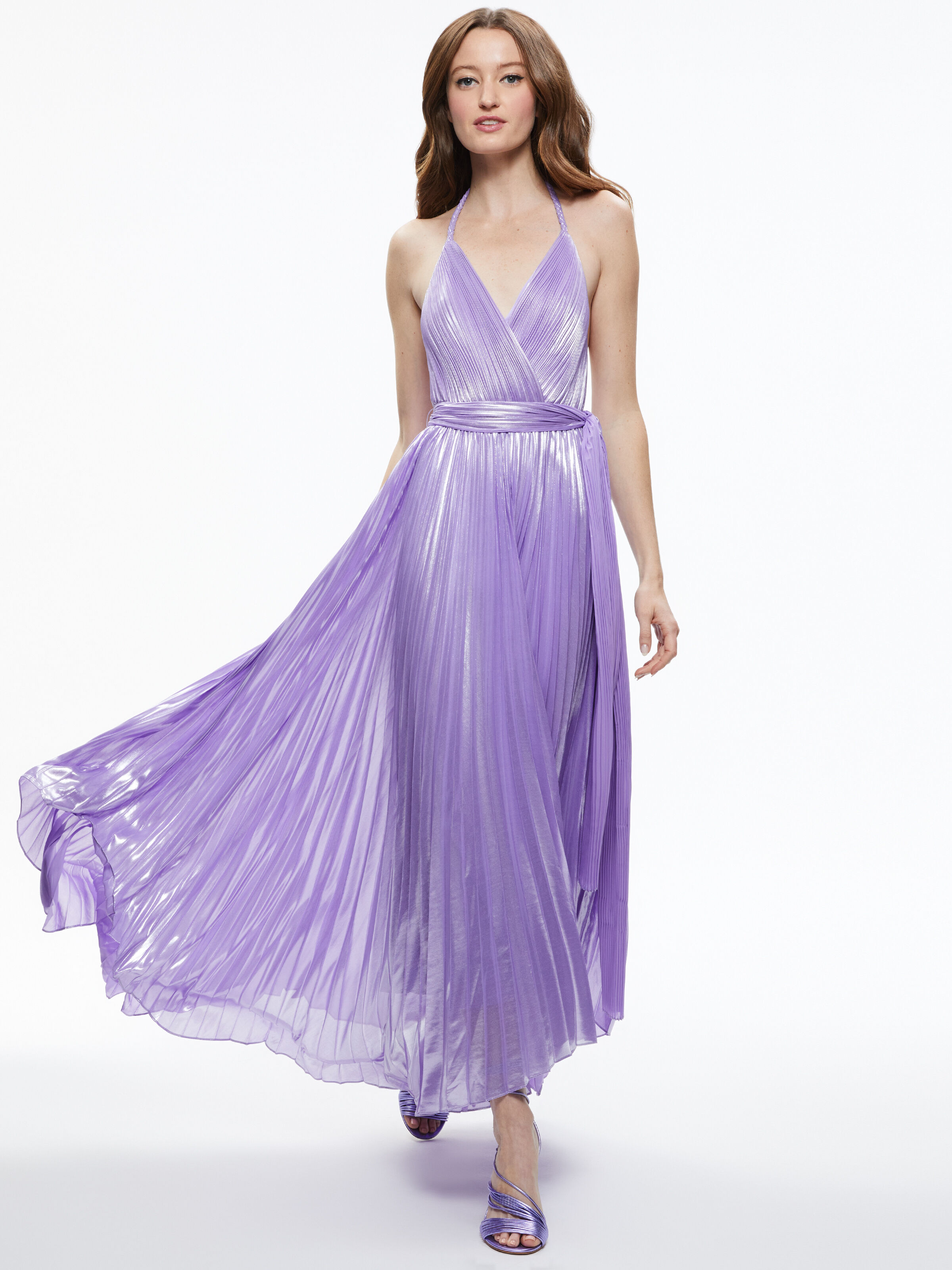 Arista Sleeveless Halter Neck Pleated Maxi Dress In Solstice