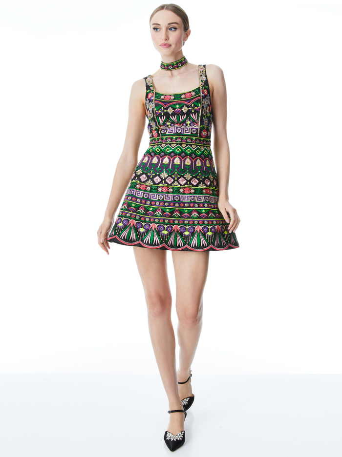 TRICIA EMBELLISHED MINI GOWN DRESS - BLACK/MULTI - Alice And Olivia