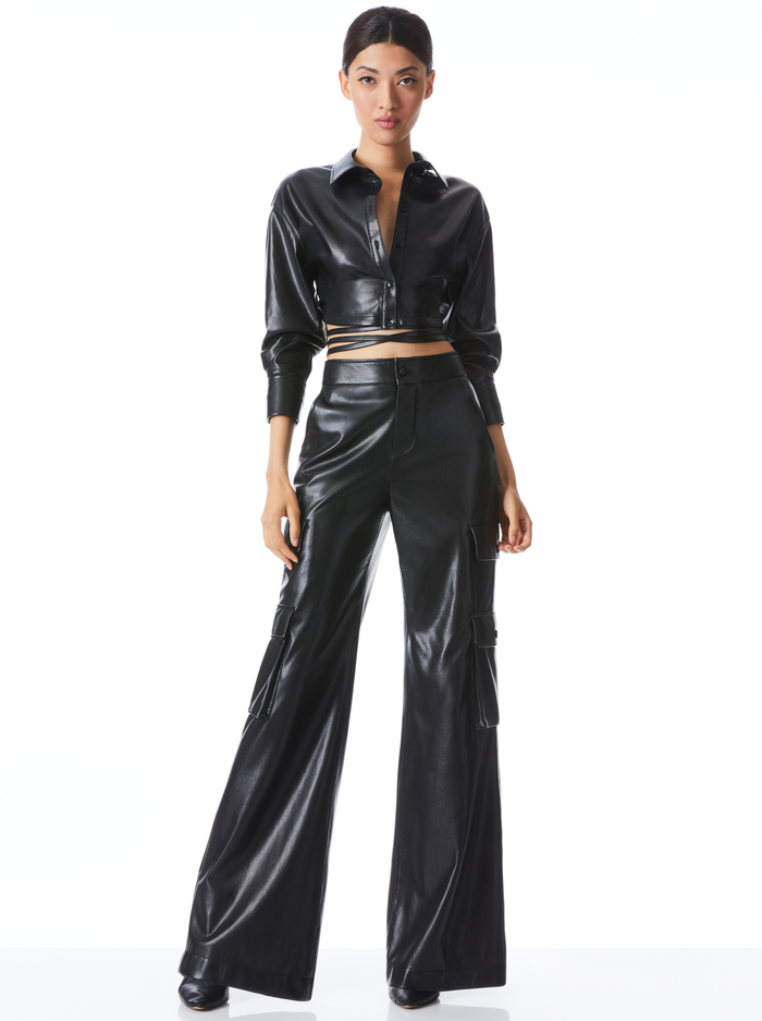 FLOSSIE VEGAN LEATHER CROPPED BUTTON DOWN - BLACK image 2 - Alice And Olivia