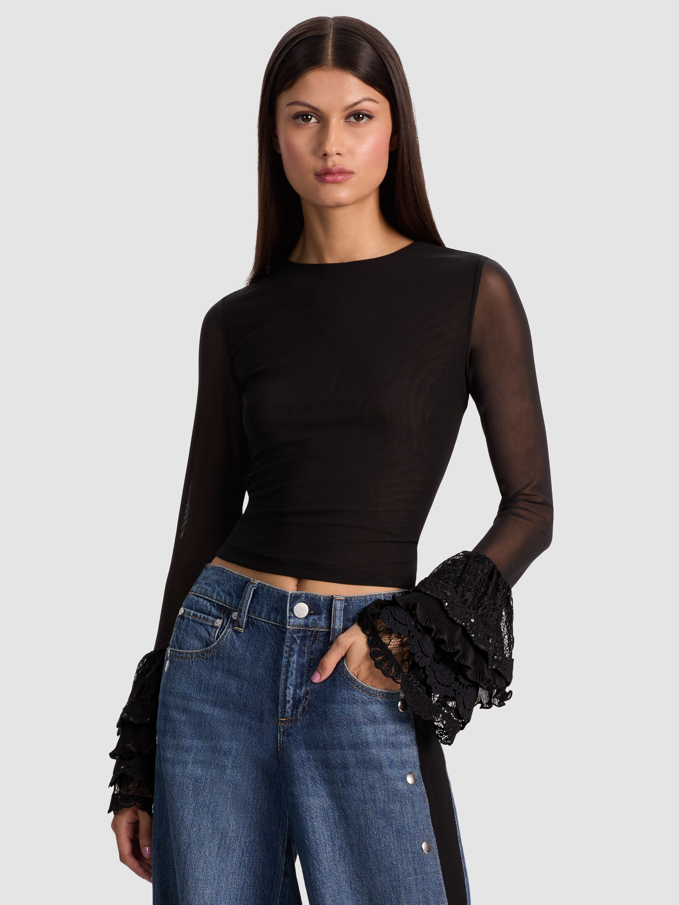 Delaina Top With Ruffle Cuff In Black | Alice + Olivia