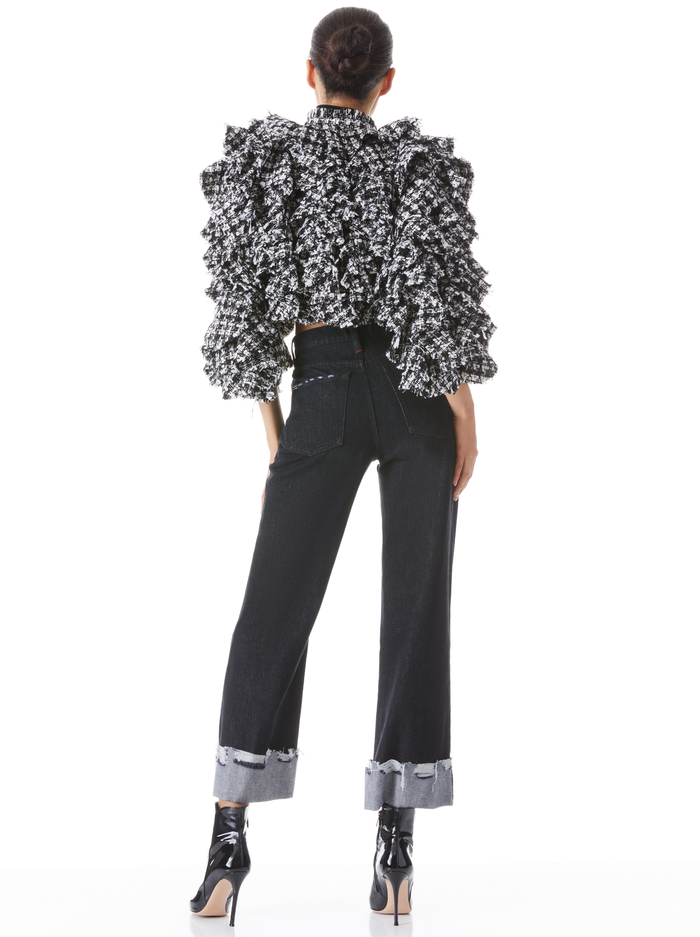 BRITTON RUFFLED CROPPED 3/4 SLEEVE JACKET - BLACK/OFF WHITE image 1 - ALICE + OLIVIA