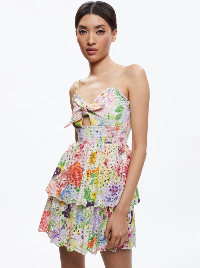 FINA TIE FRONT SMOCKED WAIST RUFFLE MINI DRESS - DAWN FLORAL image 2 - Alice And Olivia