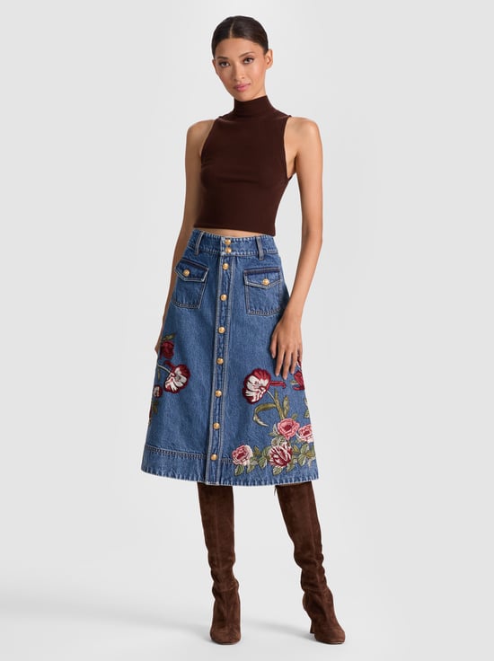 BROOKLYN BLUE/MULTI-DAHLIA EMBROIDERED DENIM SKIRT