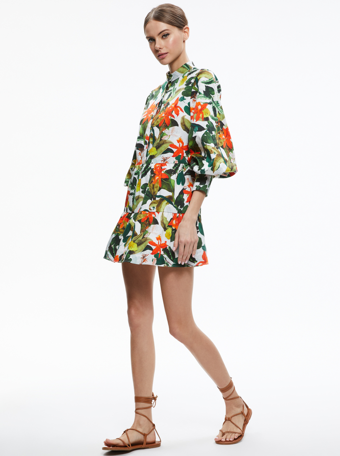 CAILIN BUTTON FRONT BLOUSON SLEEVE MINI DRESS - TROPICAL SUNRISE OFF WHITE image 4 - Alice And Olivia