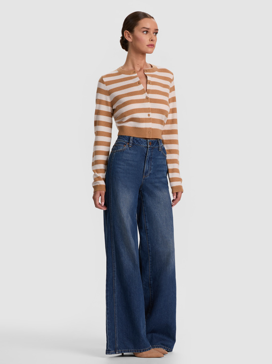 PRALINE/ECRU-DOLLIE STRIPED CASHMERE CARDIGAN