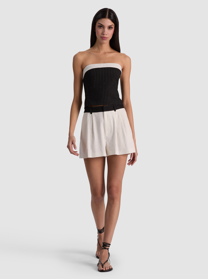KELLY LINEN STRAPLESS TOP - BLACK/OFF WHITE PINSTRIPE image 4 - ALICE + OLIVIA