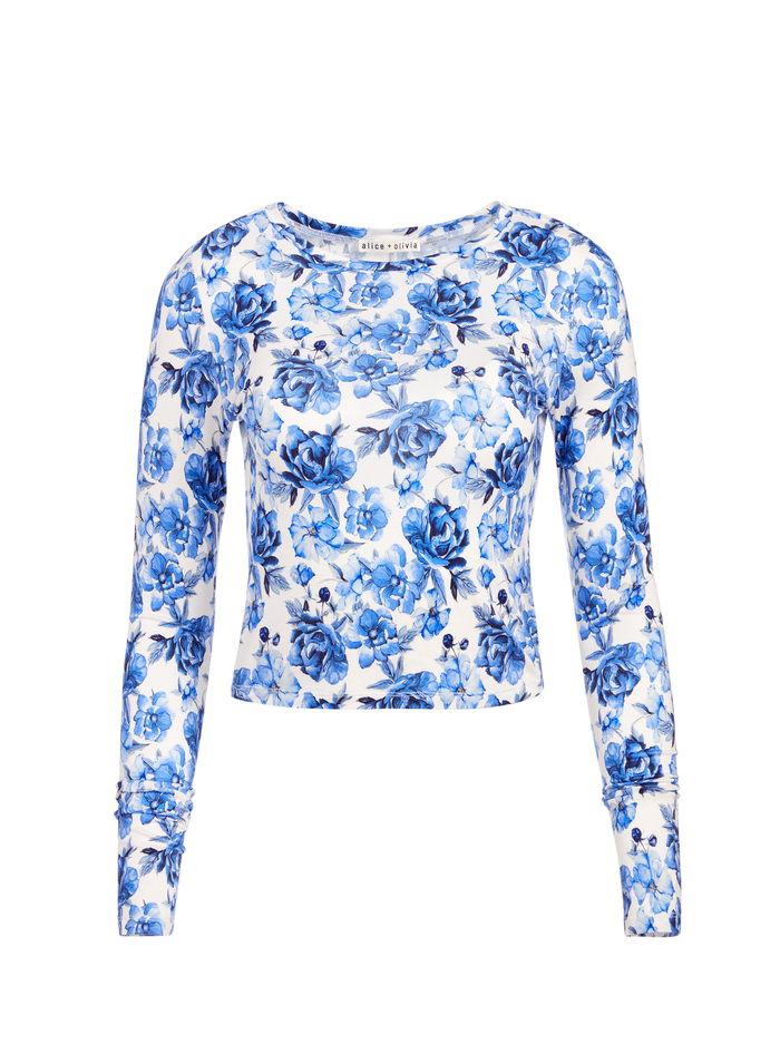 DELAINA FLORAL CREW NECK CROP TOP - FORGET ME NOT LG ANTIQUE WHITE image 5 - ALICE + OLIVIA