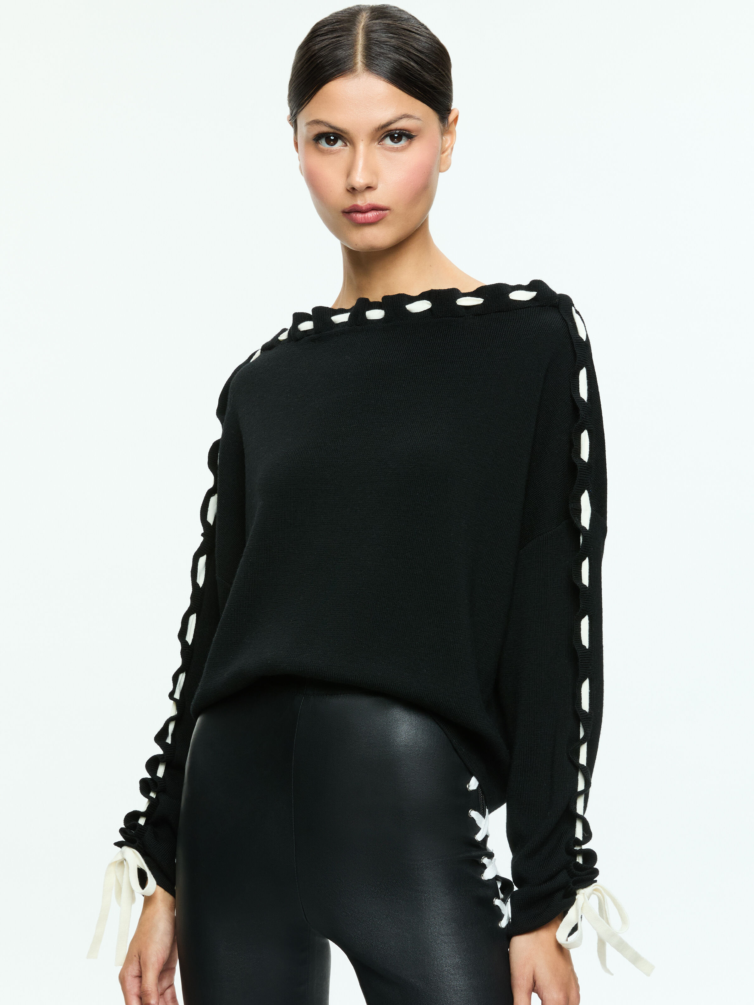 Calandra Lace Up Sleeve Pullover In Black ecru Alice Olivia