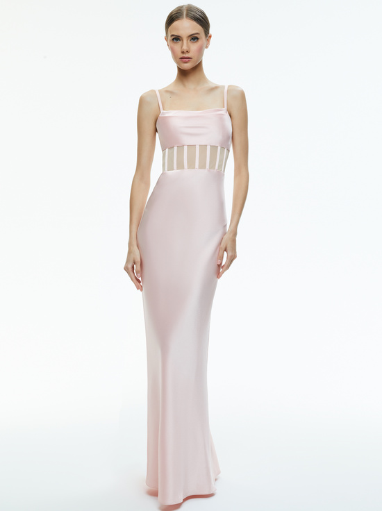 VALENTINA DRAPED CORSET MAXI DRESS in PINK LACE | ALICE + OLIVIA