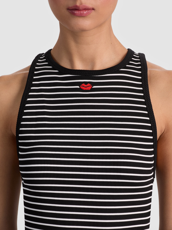 BLACK/OFF WHITE STRIPE-ALLEN EMBROIDERED TANK TOP