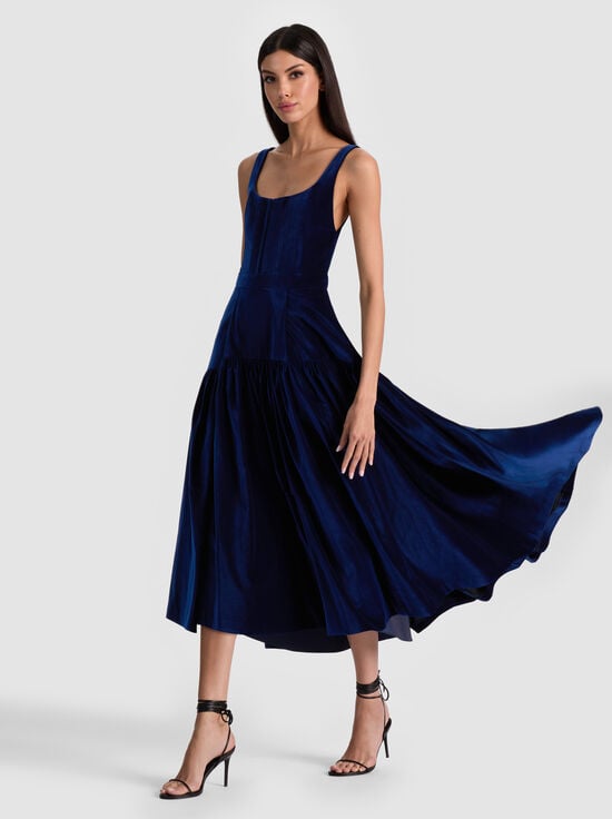DARK MIDNIGHT BLUE-DIANA VELVET STRUCTURED MIDI DRESS