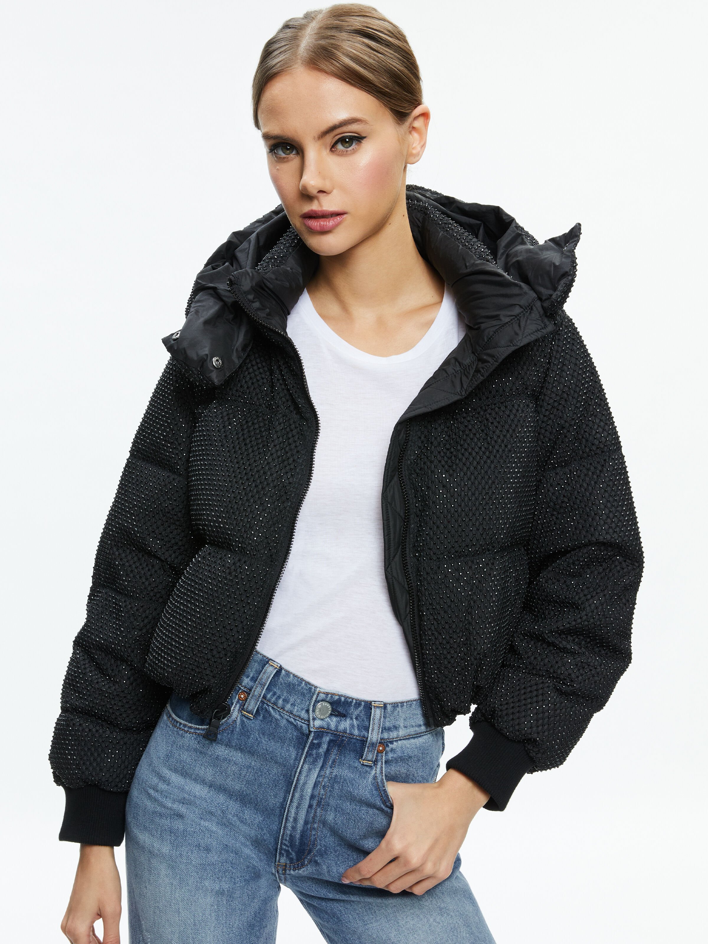 Robena Crystal Embellished Cropped Puffer In Black Alice And Olivia