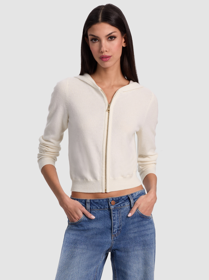 DOLLIE CASHMERE ZIP-UP HOODIE - ECRU - ALICE + OLIVIA