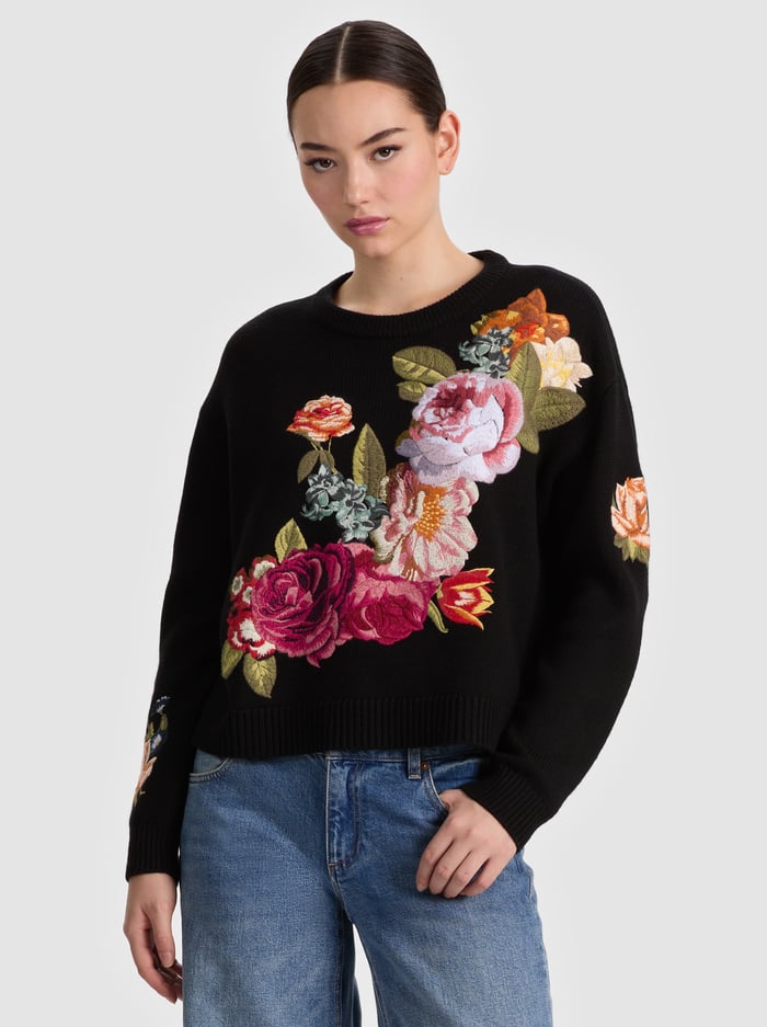 BELVA FLORAL JACQUARD CREWNECK - BLACK MULTI - ALICE + OLIVIA