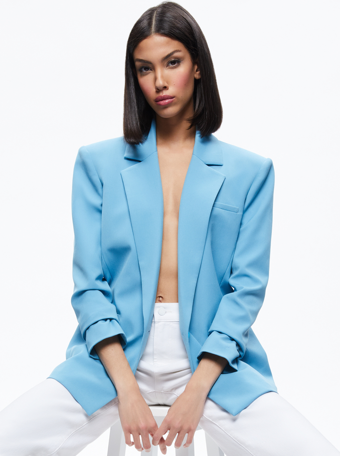 SHAN STRONG SHOULDER RUCHED SLEEVE BLAZER - OXFORD BLUE - Alice And Olivia