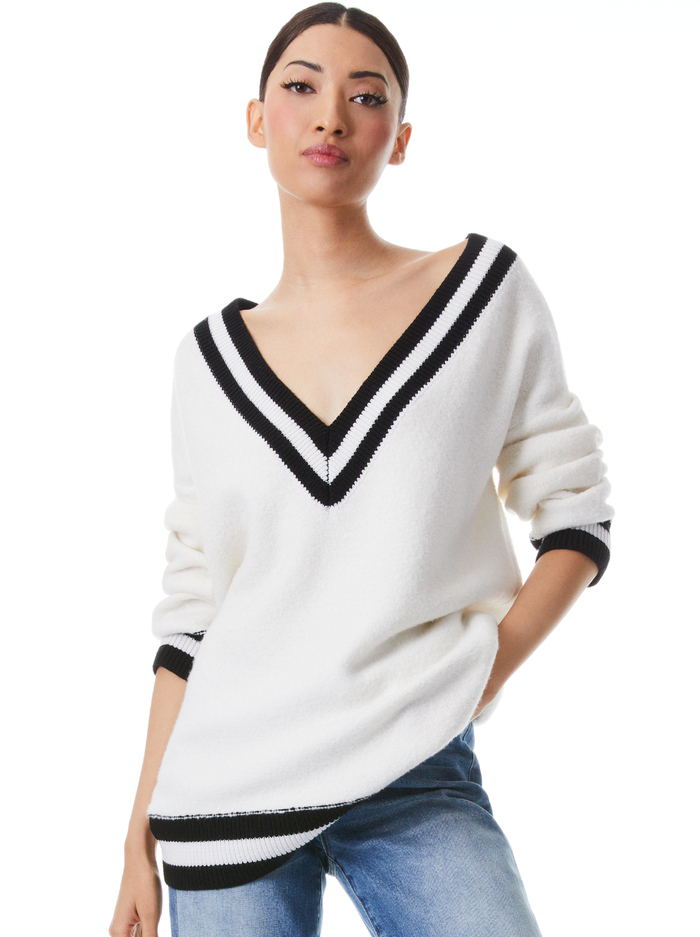 CLEMENT V-NECK VARSITY STRIPE PULLOVER - ECRU/BLACK - Alice And Olivia