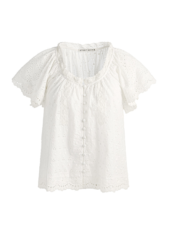 OFF WHITE-ODETTE EMBROIDERED FLUTTER SLEEVE TOP