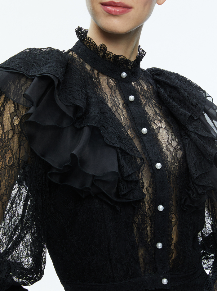 DELPHA RUFFLE LACE BLOUSON SLEEVE CROPPED TOP - BLACK image 3 - Alice And Olivia