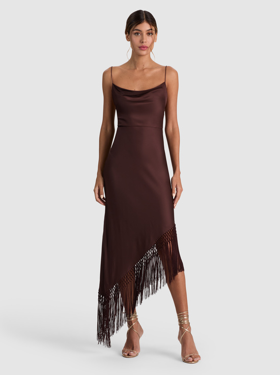 DARK CHOCOLATE-HARMONY ASYMMETRICAL FRINGE MAXI DRESS