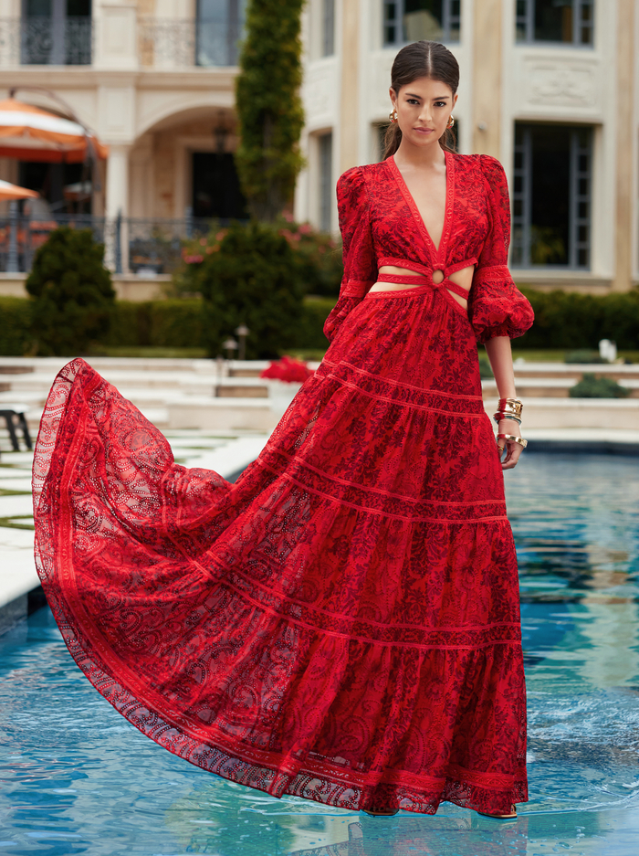 PATRICA TIERED DRESS - VANITY RED APPLE/SYMMETRY RED image 6 - Alice And Olivia