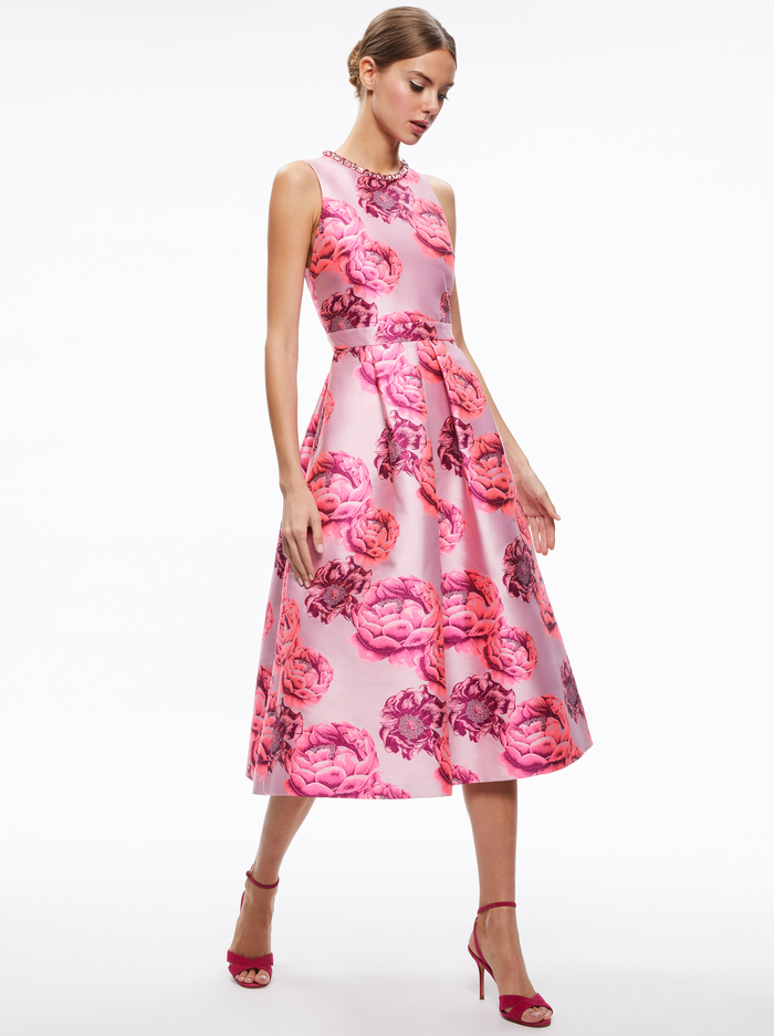 CHERRA EMBELLISHED NECK MIDI DRESS - CANDY MULTI image 2 - Alice And Olivia