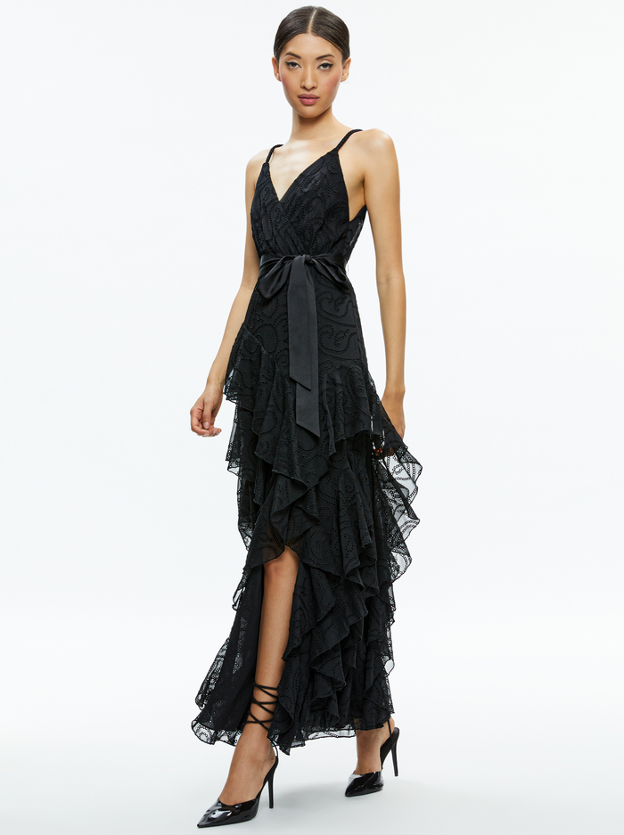 EMELIA V-NECK EYELET RUFFLE MAXI DRESS - BLACK image 2 - ALICE + OLIVIA