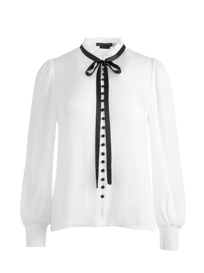 ZINA BUTTON DOWN NECK TIE BLOUSE - OFF WHITE/BLACK image 5 - Alice And Olivia