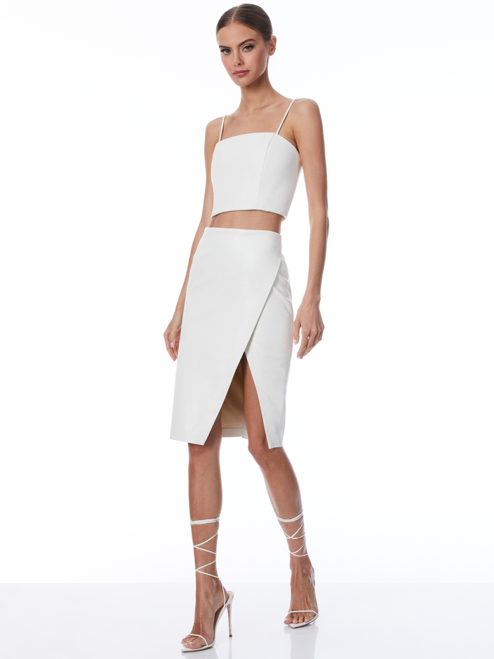 PEARLE ECRU VEGAN LEATHER SPAGHETTI STRAP BUSTIER + SIOBHAN FRONT WRAP MIDI SKIRT -