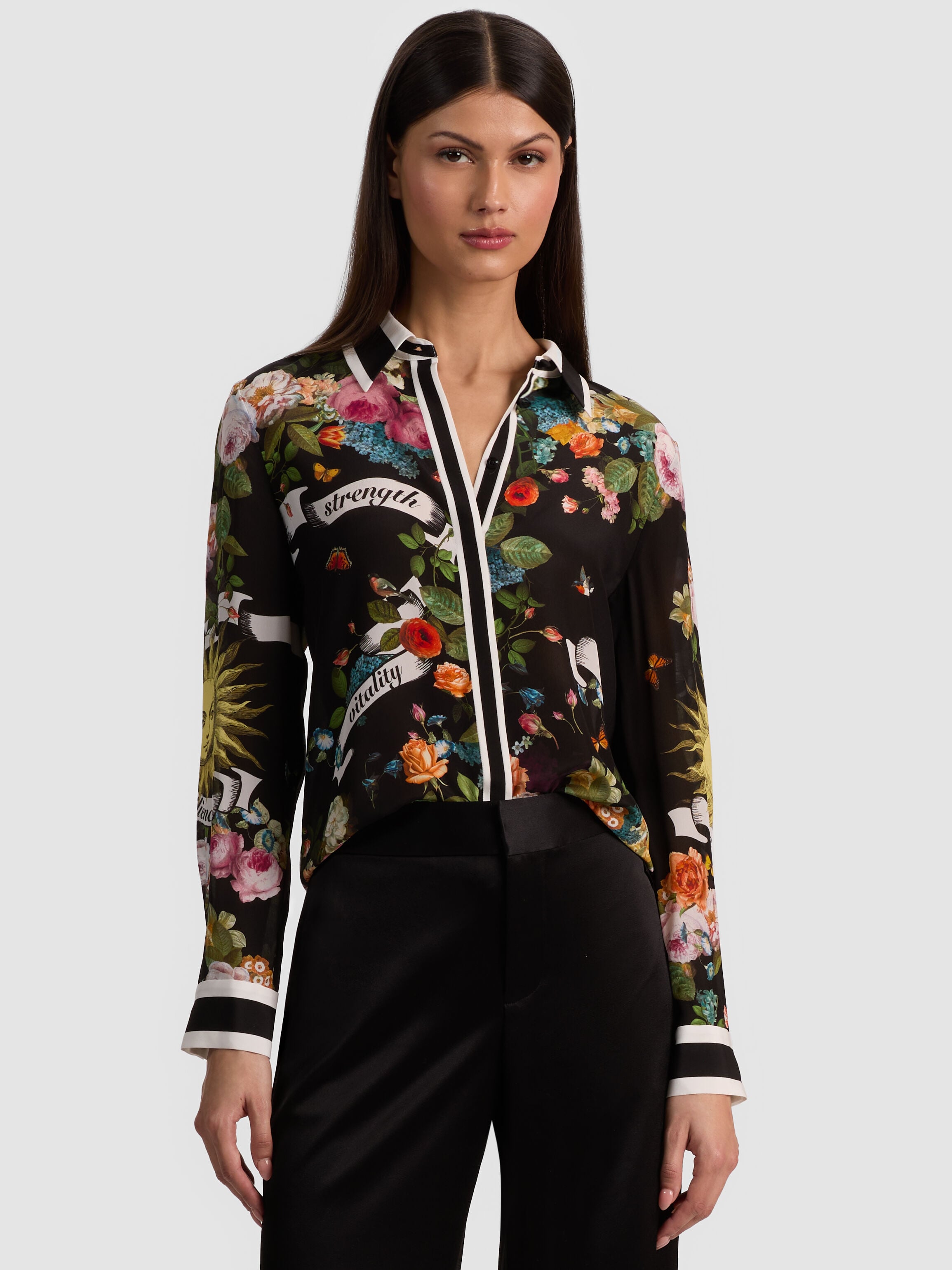 WILLA SILK BLOUSE in SOLAR STRENGTH BLACK | ALICE + OLIVIA