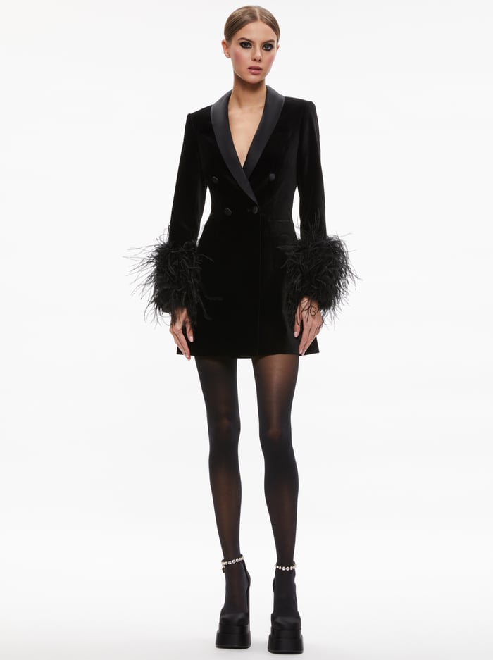 LATOYA FEATHER CUFF BLAZER MINI DRESS - BLACK/BLACK image 2 - Alice And Olivia
