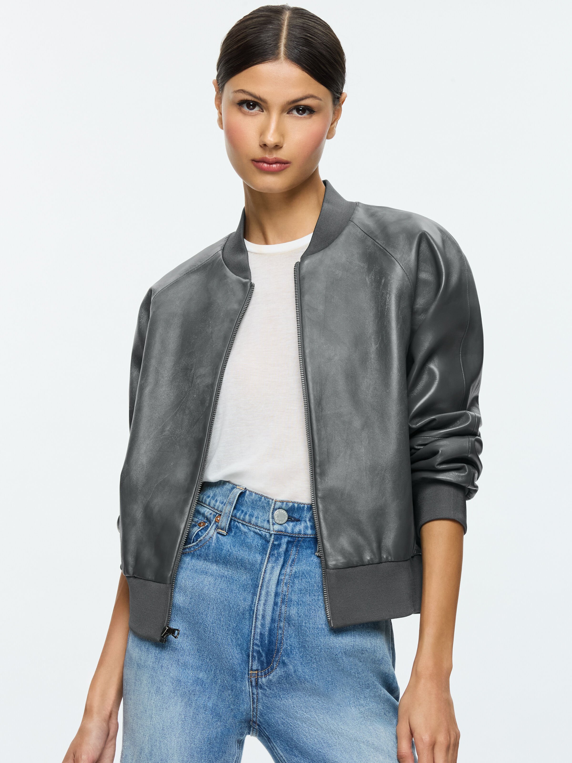 Felisa Leather Bomber Jacket In Charcoal Alice Olivia