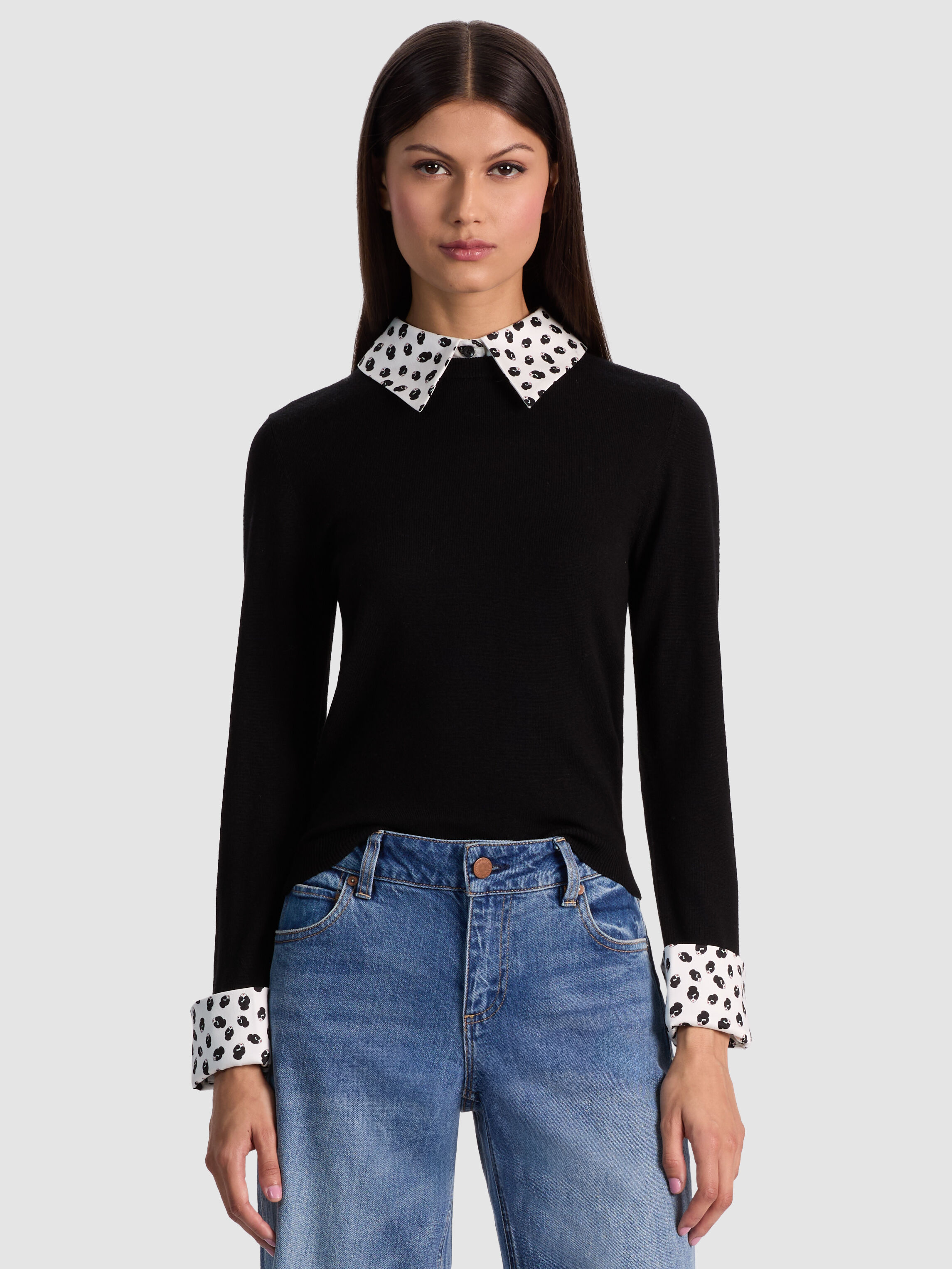 PORLA STACEFACE COLLARED SWEATER in BLACK | ALICE + OLIVIA
